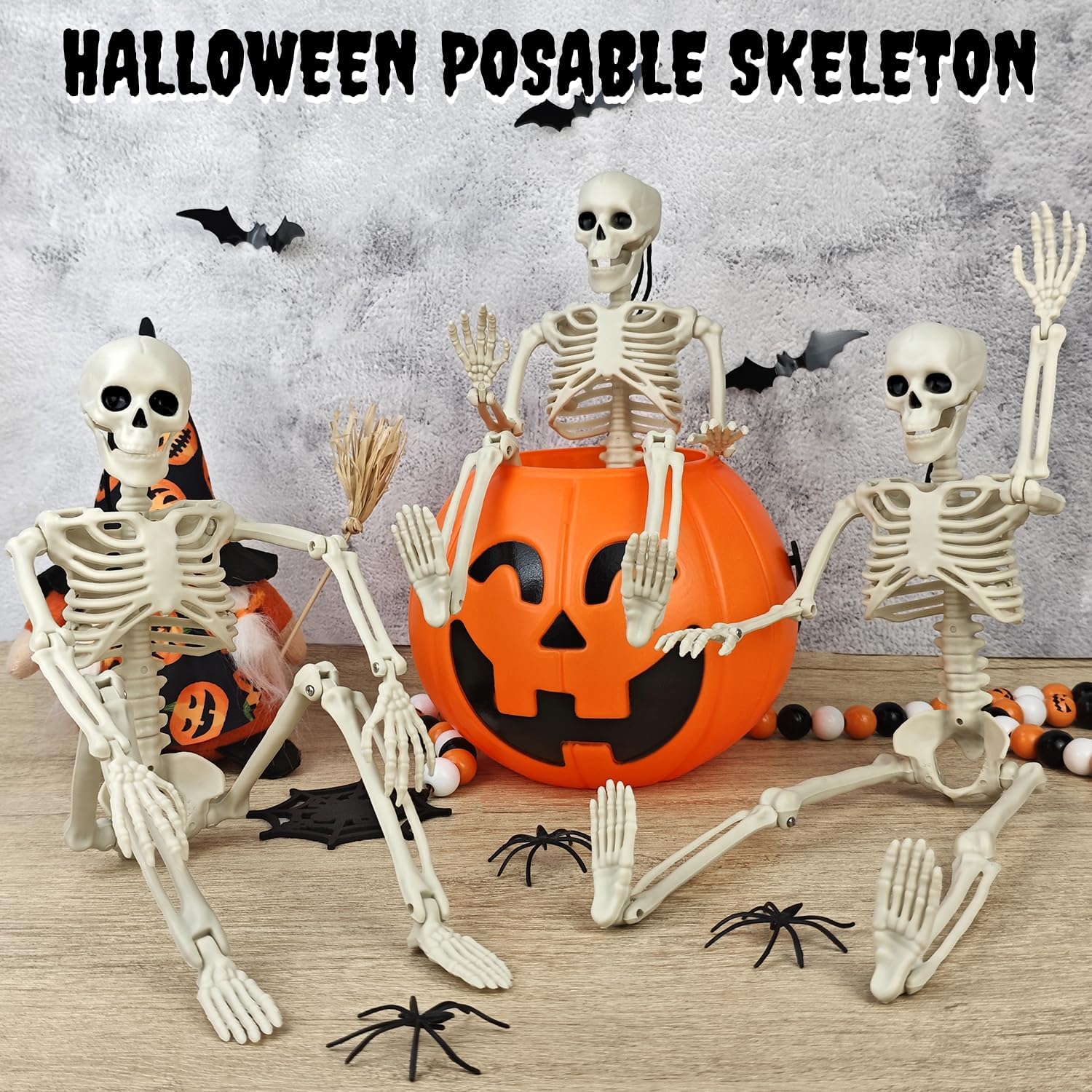 4 PCS 16'' Halloween Decor, Small Posable Plastic Skeletons Decorations