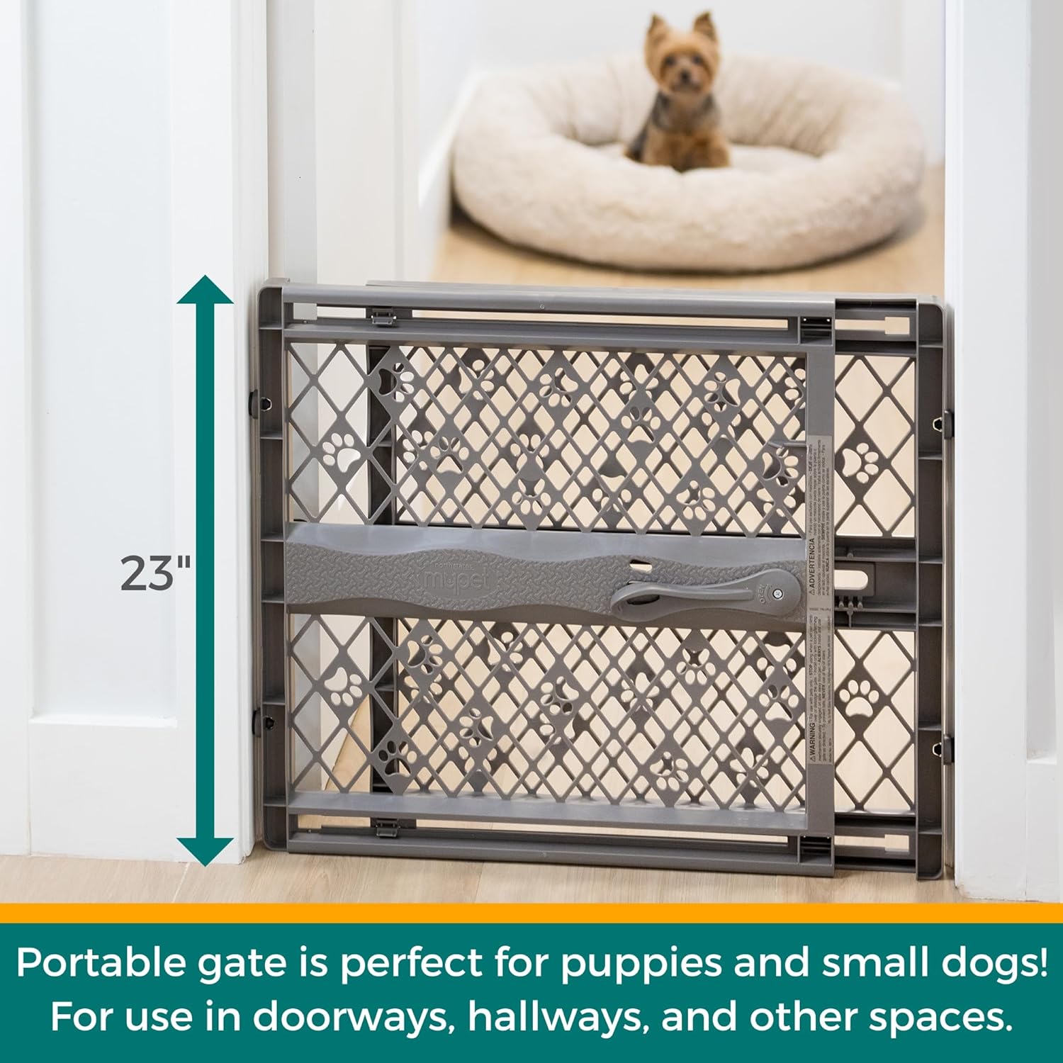 MYPET Paws Portable Pet Gate: 26-40" Wide Expandable, Pressure Mounted No Tools Needed, Durable Dog Gate for Doorways, Made in USA, 23" Tall, Fieldstone Gray