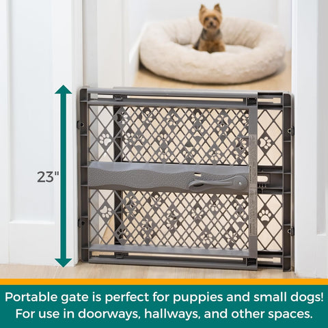 MYPET Paws Portable Pet Gate: 26-40" Wide Expandable, Pressure Mounted No Tools Needed, Durable Dog Gate for Doorways, Made in USA, 23" Tall, Fieldstone Gray