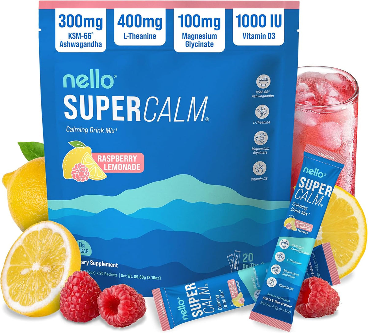 Nello Supercalm Powdered Drink Mix, Cortisol Reducer and Sleep Aid Supplement, L Theanine, Ksm-66 Ashwagandha, Magnesium Glycinate, Vitamin D 3, No Sugar, Non GMO, On The Go, 20 Ct, Raspberry Lemonade