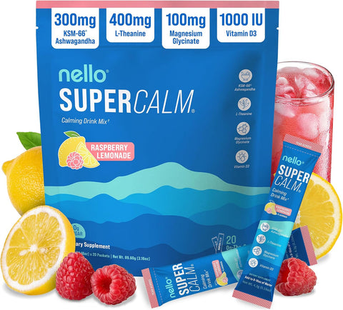 Nello Supercalm Powdered Drink Mix, Cortisol Reducer and Sleep Aid Supplement, L Theanine, Ksm-66 Ashwagandha, Magnesium Glycinate, Vitamin D 3, No Sugar, Non GMO, On The Go, 20 Ct, Raspberry Lemonade