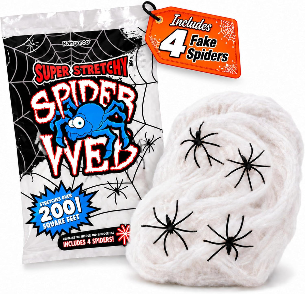 Kangaroo 200 sq. Ft Fake Spider Webs with 4 Fake Spiders for Decorations