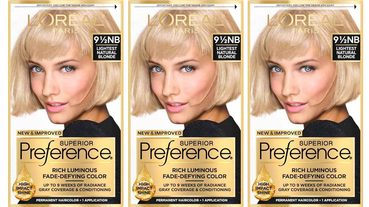 L'Oreal Paris Superior Preference Luminous Fade-Defying Permanent Hair Color, Hair Dye For Up to 9 Weeks of Radiance, Lightest Natural Blonde 9.5NB, 1 Hair Dye Kit (Pack of 3)