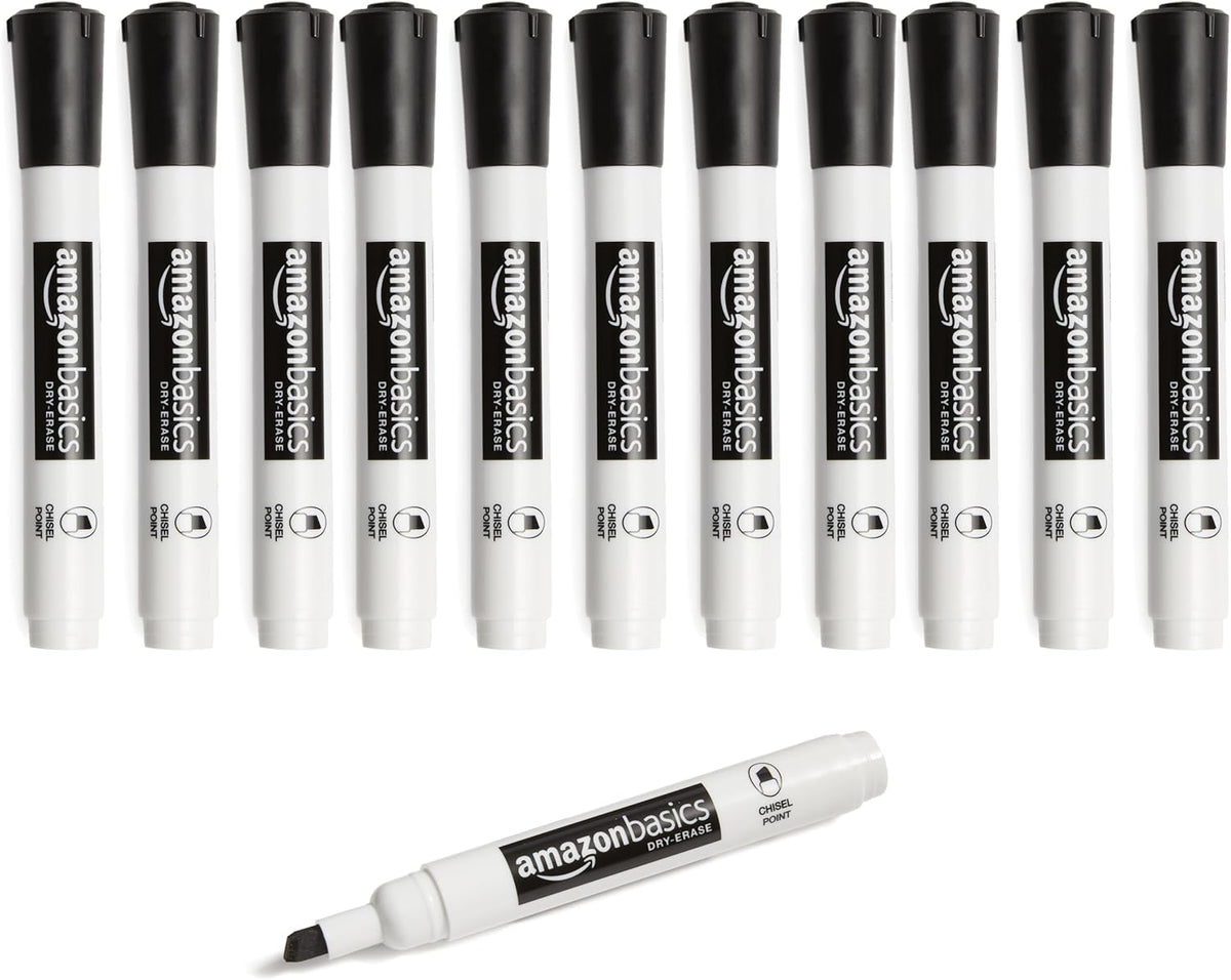 Amazon Basics Lowe-Odor Dry Erase Whiteboard Markers, Chisel Tip, Quick-Dry, Black, 12-Pack