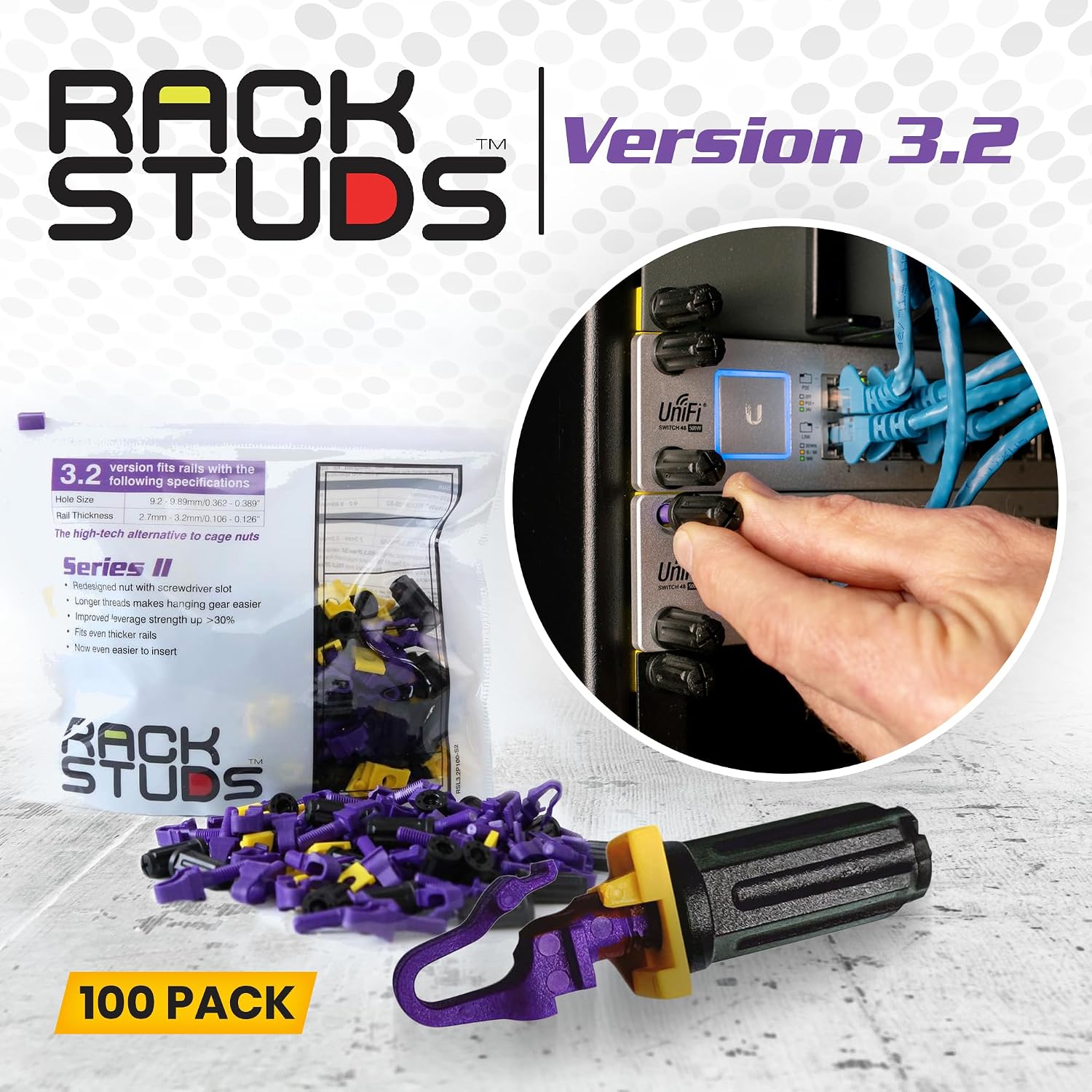 Rackstuds P100 Series II - Server Rack Screws 100-Pack | Cage Nut Replacement Purple 3.2mm/0.126" | A Faster, Easier Solution for Rack mounting Gear in 19" Racks with Square Punched Vertical Rails