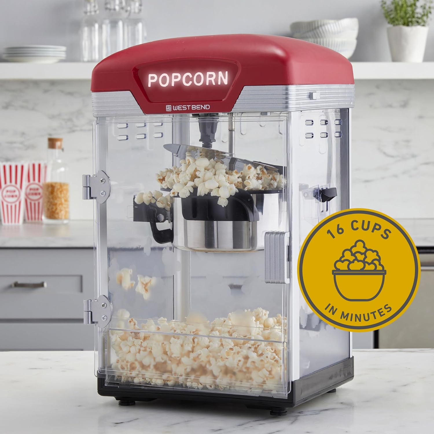 West Bend Theater Crazy Popcorn Machine, Nonstick Kettle, 4 Qt., Red