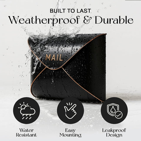 NACH Black Mailbox Wall Mount, 12.5 x 5 x 10 inch Wall Mount Mailboxes for Outside, Waterproof Mailboxes for Outside - Envelope Mailbox
