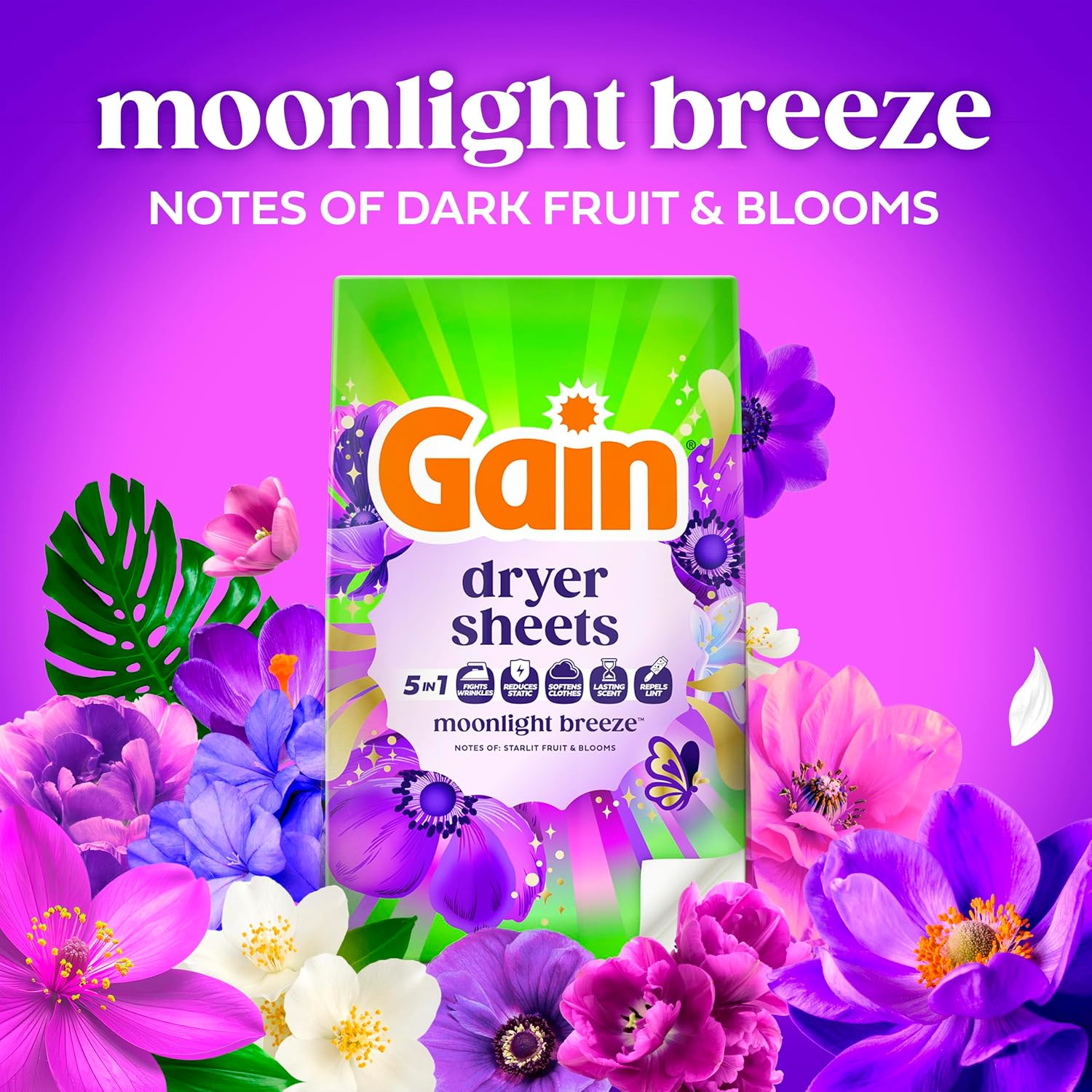 Gain, Laundry Dryer Sheets, Fabric Softener Anti Static Sheets, Moonlight Breeze Scent, 240 Count (Packaging May Vary)