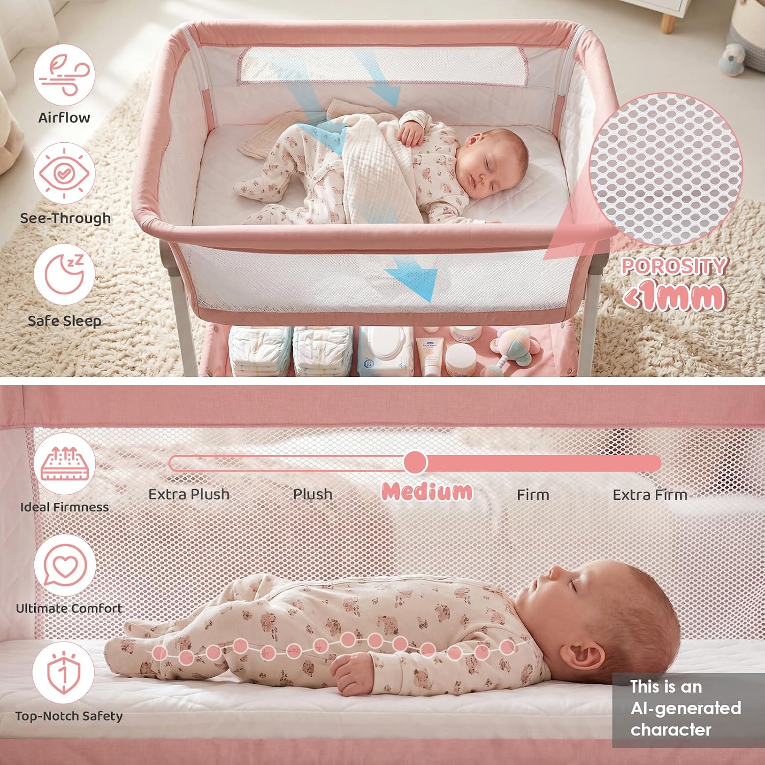 Cowiewie Bassinet Bedside Sleeper, Pink and White