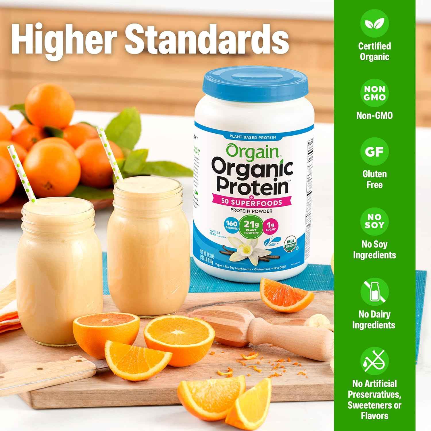 Orgain Organic Vegan 21g Protein + Superfoods Powder, Vanilla Bean, 2.02lb | Plant based protein, 50 superfoods, 8g prebiotic fiber, gluten free, no added sugar, non-GMO, no lactose ingredients