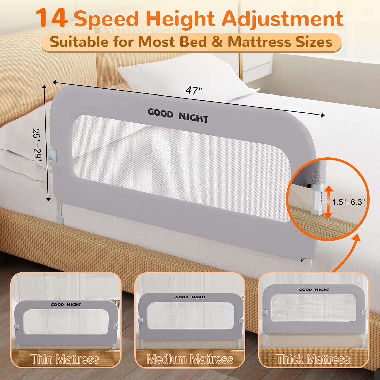 Bed Rail for Toddlers, 32 Inch Toddler Bed Rails, Bed Rail for Baby(Grey)