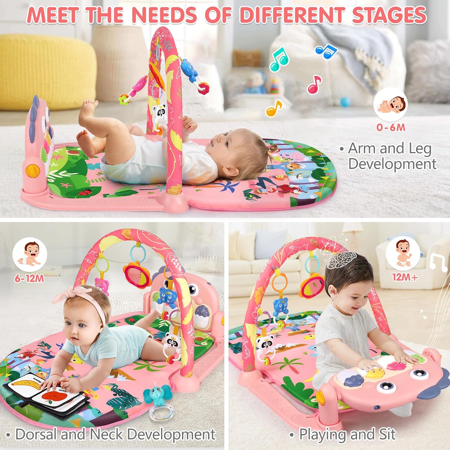 UMIKU Baby Play Mat Tummy Time Mat Girl High-Contrast Cloth Pink Dinosaur
