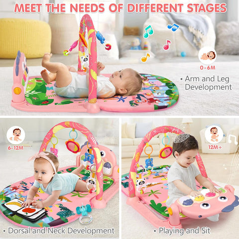 UMIKU Baby Play Mat Tummy Time Mat Girl High-Contrast Cloth Pink Dinosaur