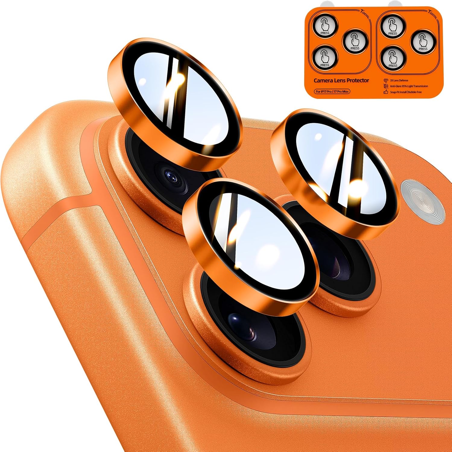 TOCOL Camera Lens Protector for iPhone 17 Pro Max/iPhone 17 Pro Tempered Glass HD Individual Scratch Resistant Camera Cover Accessories Case Friendly 2 Pack（Orange）