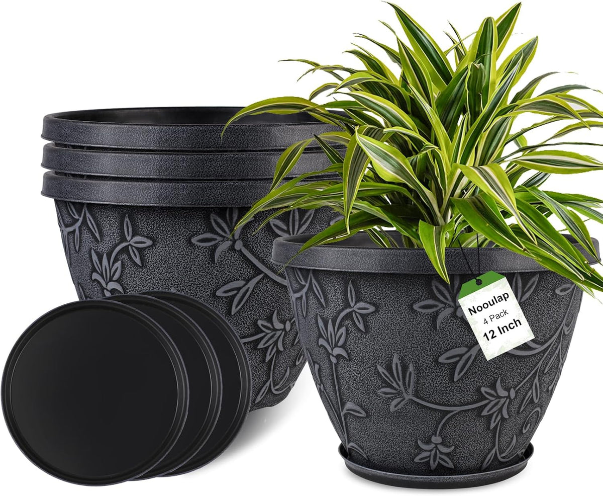 Nooulap 4 Pack 12 Inch Pots for Plants, Flower Pots Outdoor Indoor, Gray