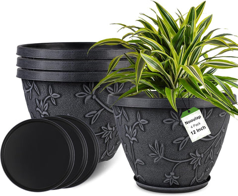 Nooulap 4 Pack 12 Inch Pots for Plants, Flower Pots Outdoor Indoor, Gray