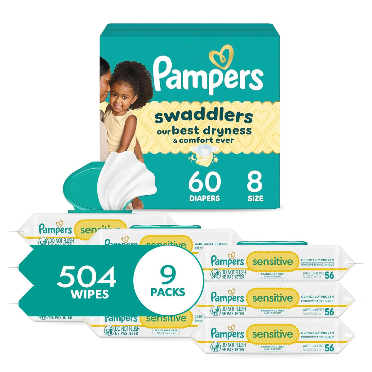 Pampers Swaddlers Diapers, Size 8 (30+ lbs), 60 Count + Sensitive Baby Wipes, 504 Wipes Total (6X Flip-Top Packs) [Packaging May Vary]