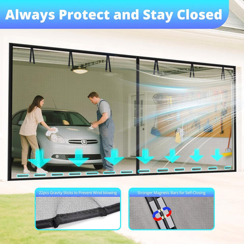 Garage Door Screen For 2 Car 12x9FT, Magnetic Screen Garage with Retractable Fiberglass Mesh and Heavy Duty Weighted Bottom, Easy Assembly & Pass, Hands Free Screen Door w/ 44 Magnets for Garage/Patio