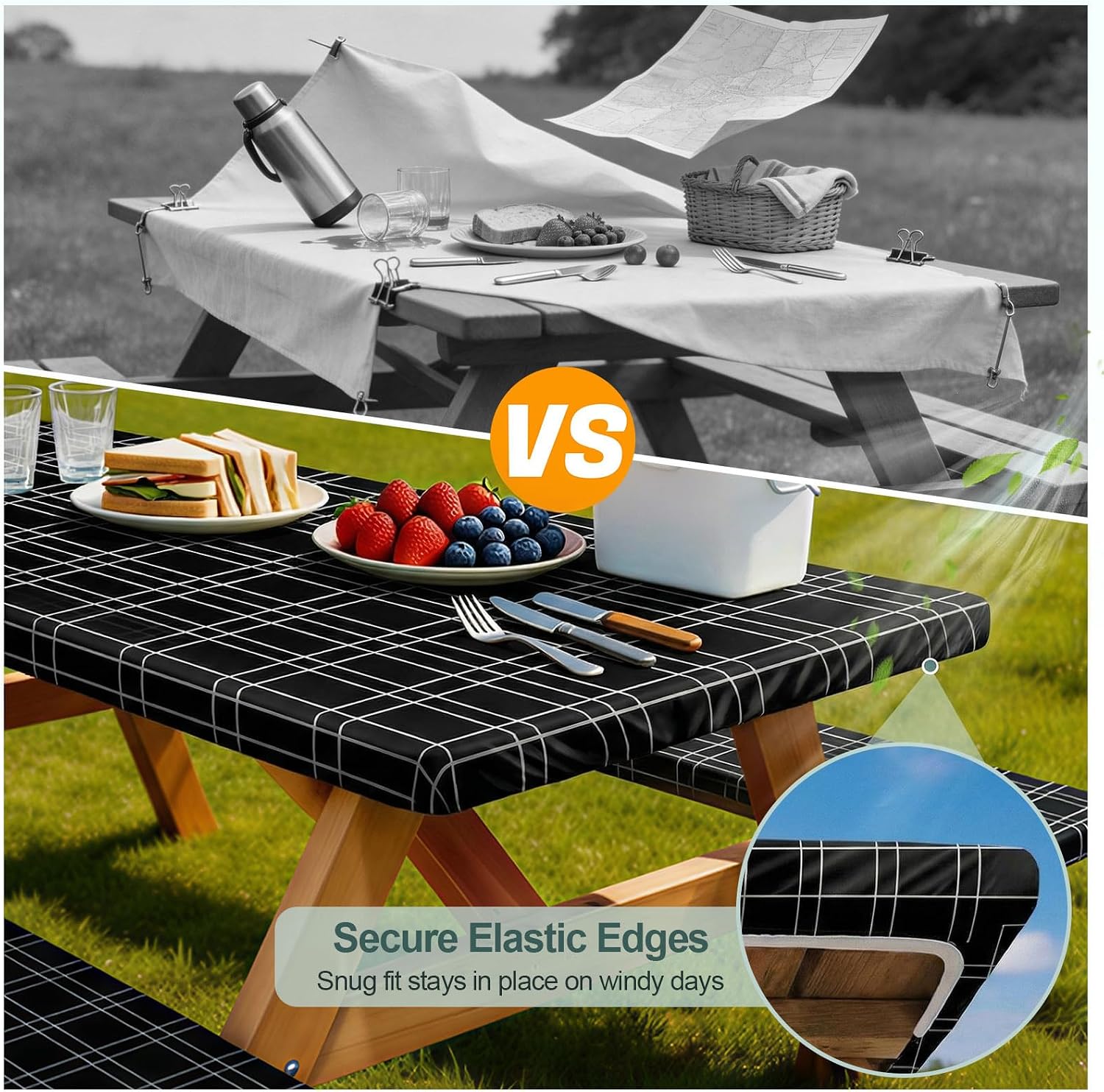 Picnic Table Cover with Bench Covers Camping Essentials Waterproof Windproof Camping Tablecloth with Drawstring Bag, Fitted Rectangle Tables and Seats, 72in, Black Checkered