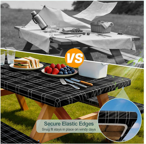 Picnic Table Cover with Bench Covers Camping Essentials Waterproof Windproof Camping Tablecloth with Drawstring Bag, Fitted Rectangle Tables and Seats, 72in, Black Checkered