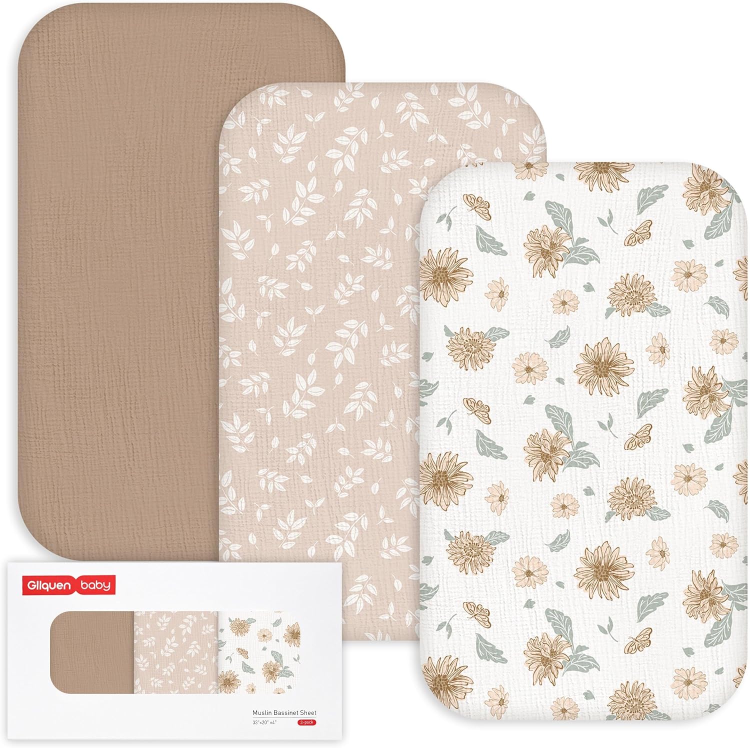 Gllquen Baby 3-Pack Muslin Cotton Bassinet Sheets, 33"x20" Bedside Sleeper