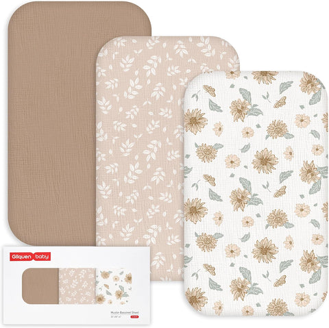 Gllquen Baby 3-Pack Muslin Cotton Bassinet Sheets, 33"x20" Bedside Sleeper