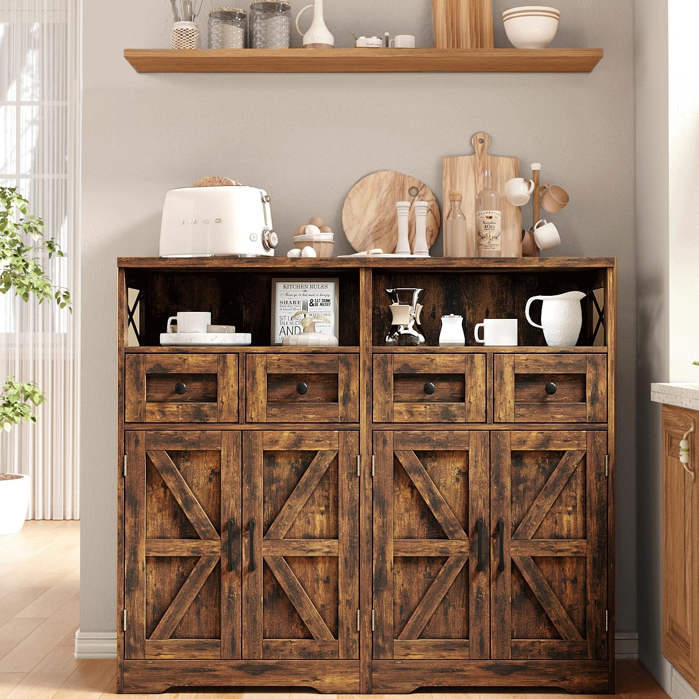 Farmhouse Storage Cabinet with Drawers, Small Kitchen Pantry Cabinet, Brown