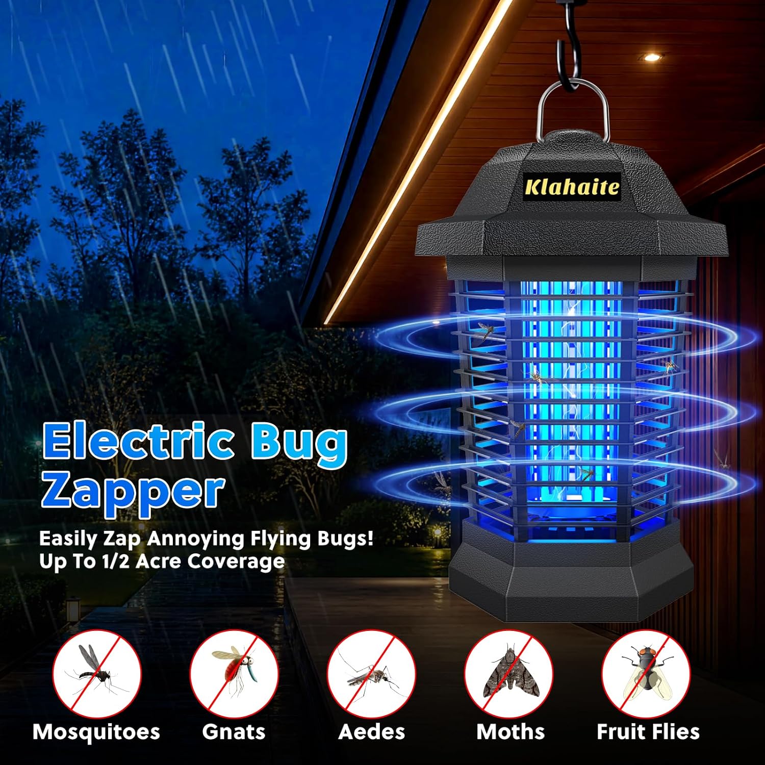 Klahaite Bug Zapper Outdoor, Electric Mosquito Zapper, Fly Zapper Indoor Fly Traps, Mosquito Repellent Outdoor Patio & Backyard Covers 1/2 Acre, 4200V 3 Prong Plug, ABS Fireproof Plastic Outer