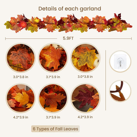 CQURE 6 Pack Fall Leaf Garland, Total 35Ft Artificial Maple Leaf Autumn Garland Fall Leaves Hanging Vines Fall Maple Leaves Thanksgiving Decor for Home Wedding Fireplace Party