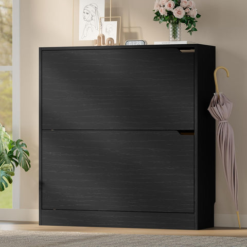 BORNOON Shoe Cabinet with 2 Flip Drawers, Slim Narrow Shoe Storage Cabinet, Freestanding Shoe Organizer with Adjustable & Removable Shelves, Top Display Shelf for Entryway, Hallway, Foyer, Closet