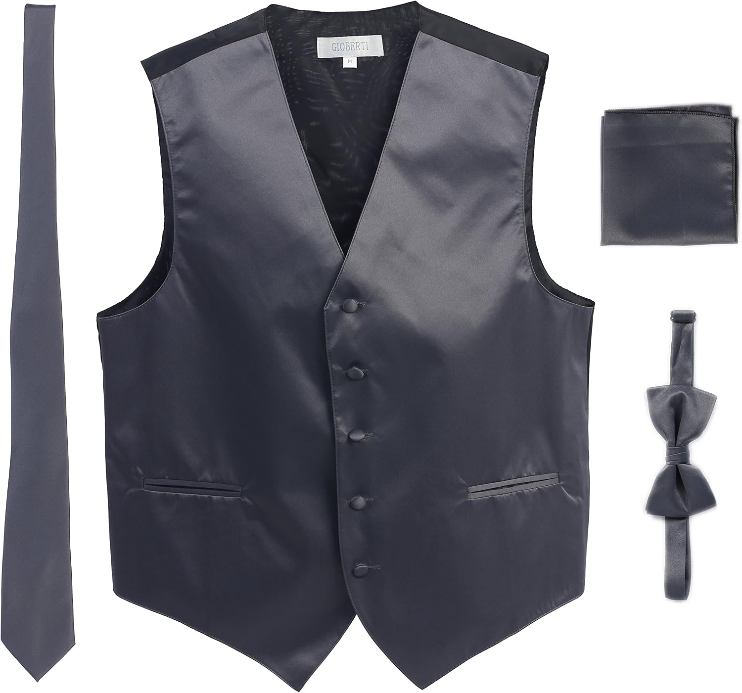 Gioberti Men's Formal 4pc Satin Vest Necktie Bowtie and Pocket Square