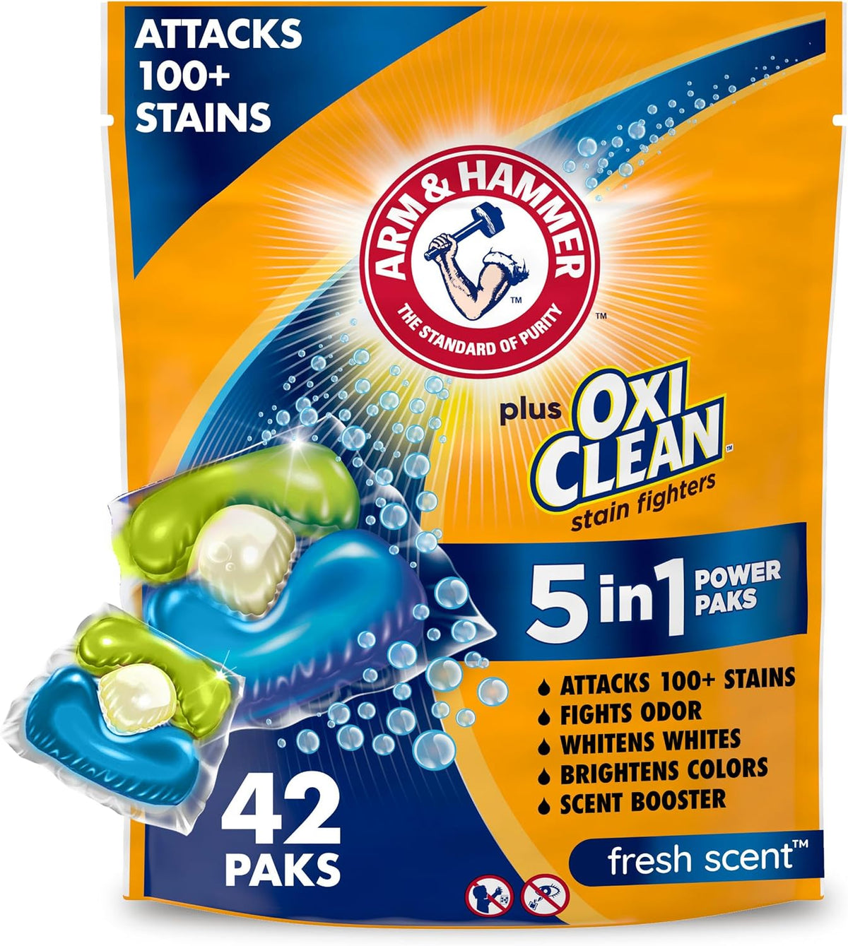 ARM & HAMMER Plus OxiClean 5-in-1 Laundry Detergent Power Paks, 42 Count
