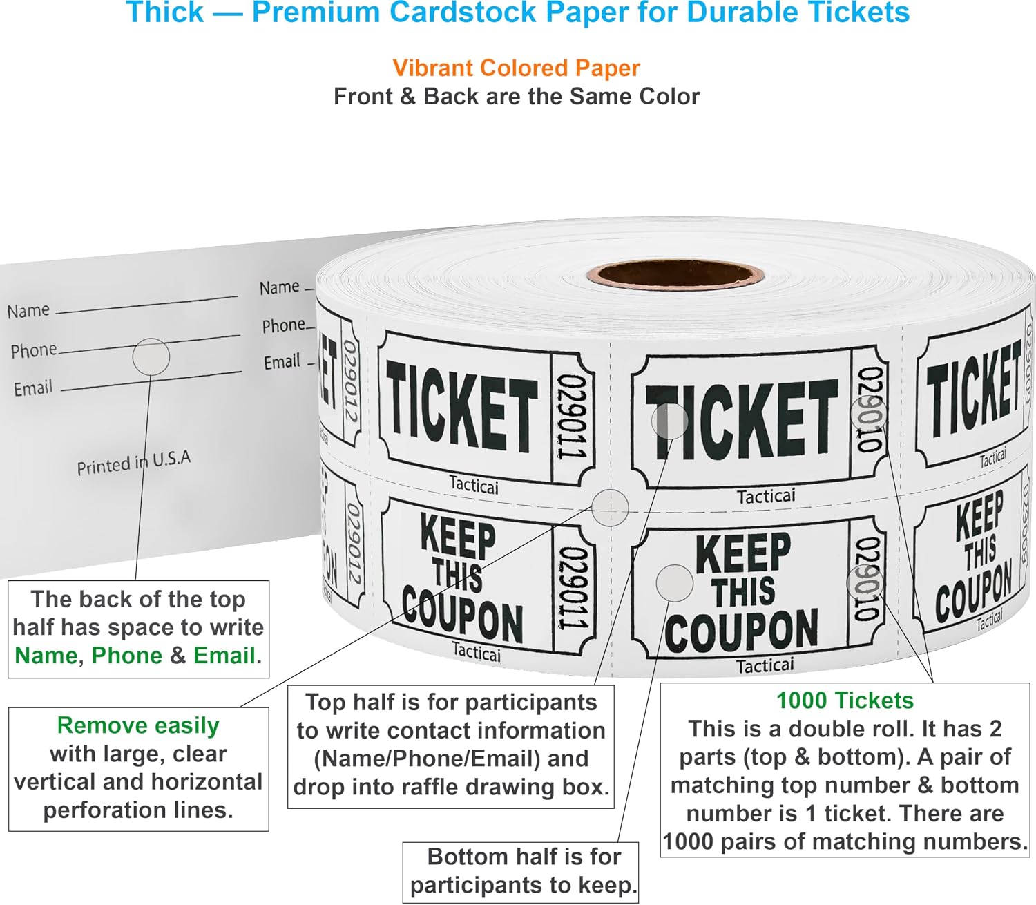 Tacticai 1000 Raffle Tickets, 50/50 Double Roll, White