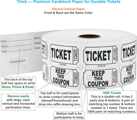 Tacticai 1000 Raffle Tickets, 50/50 Double Roll, White