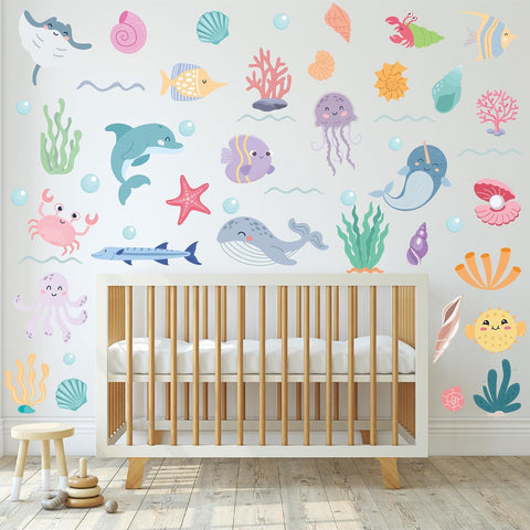 Ocean Animals Wall Decals - 5 Sheets 58 Pcs Under the Sea Theme Wall Decor Peel and Stick Ocean Wall Stickers for Home Kids Room Nursery Décor