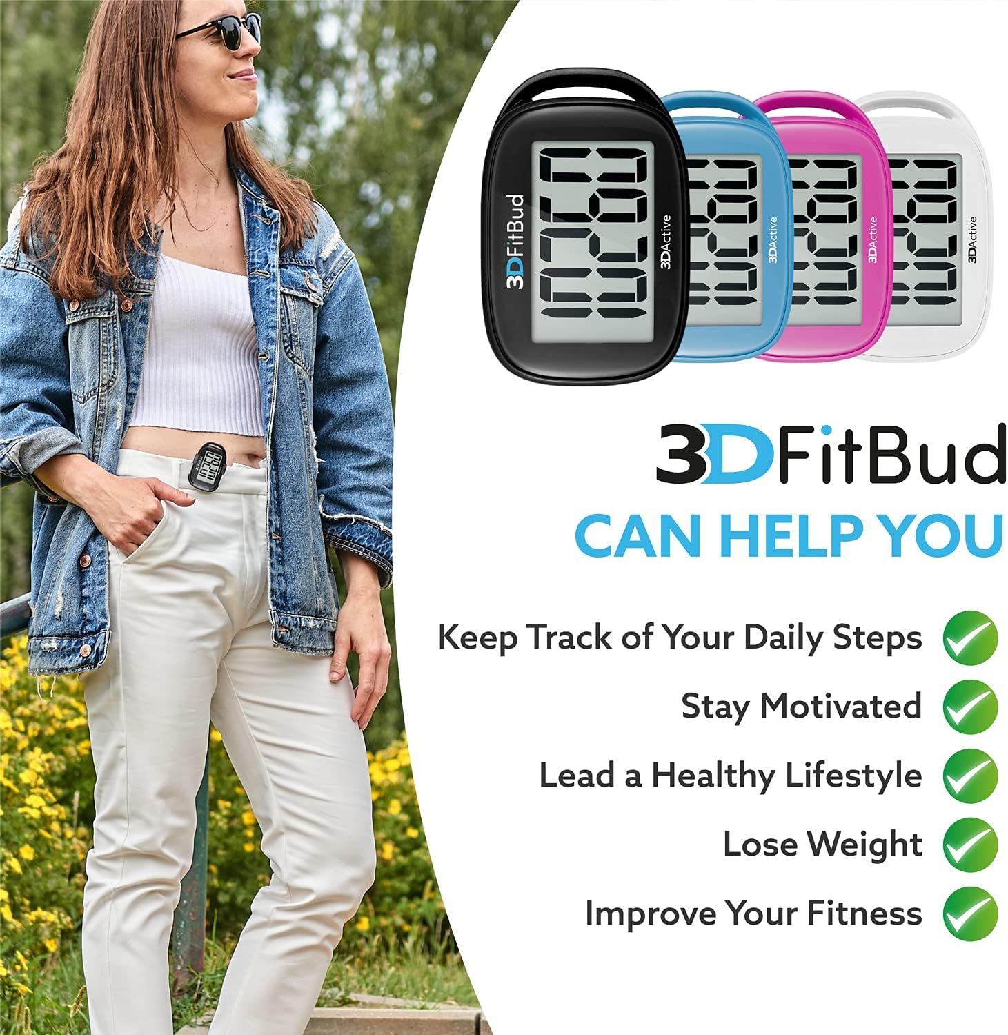 3DFitBud Simple Step Counter Walking 3D Pedometer by 3DActive with Clip, Lanyard Accurate Step Tracker Large Display, Easy to Use for Kids Men Women Adult Seniors Daily Step Tracking - A420S