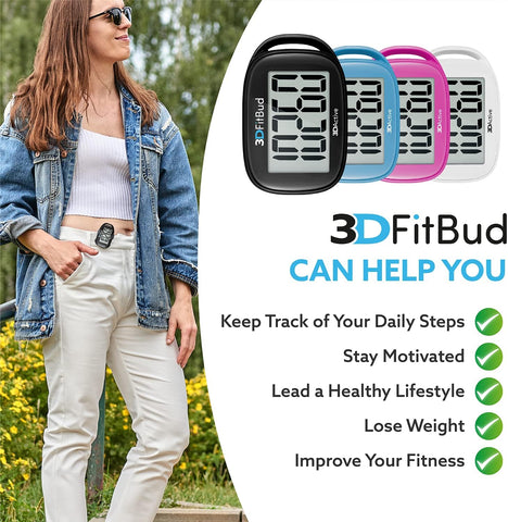 3DFitBud Simple Step Counter Walking 3D Pedometer by 3DActive with Clip, Lanyard Accurate Step Tracker Large Display, Easy to Use for Kids Men Women Adult Seniors Daily Step Tracking - A420S