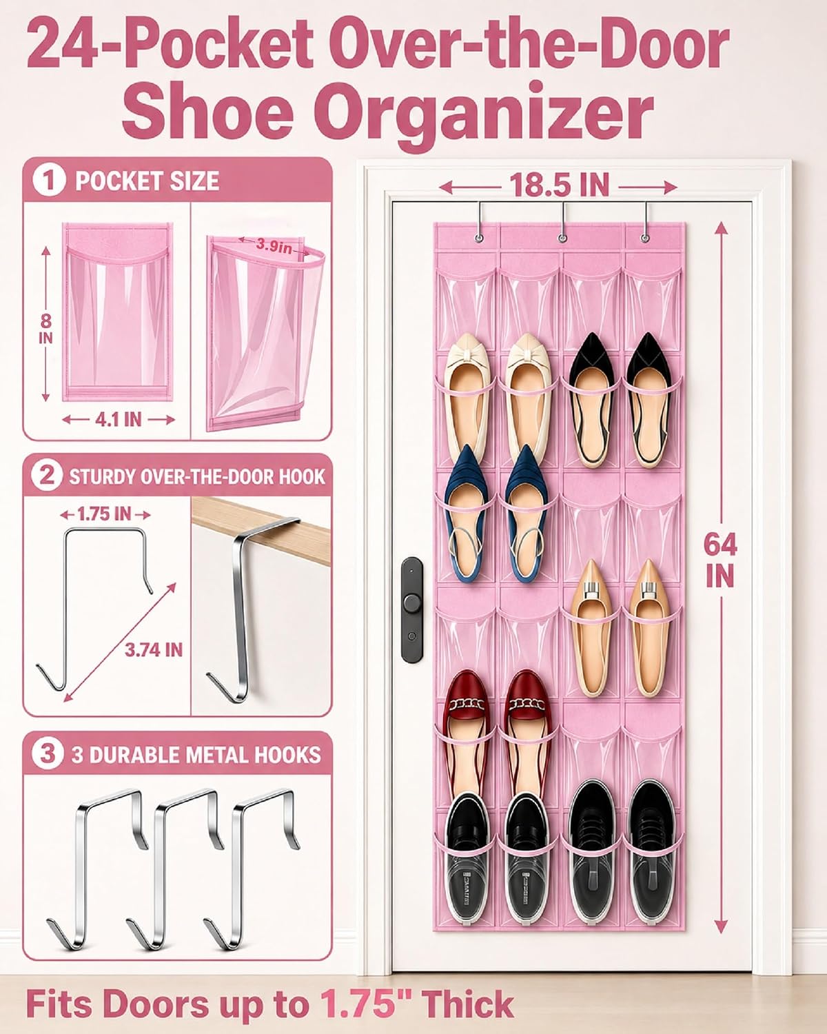 Over-the-Door Kids Shoe Organizer Pink Shoe Rack for Door