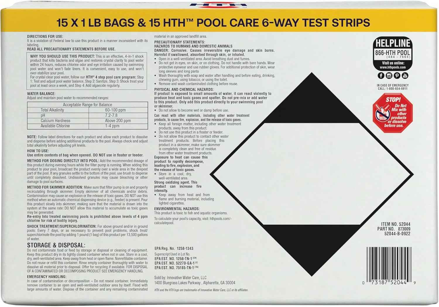 HTH 52046, Pool Care Shock Advanced, 15 Pack