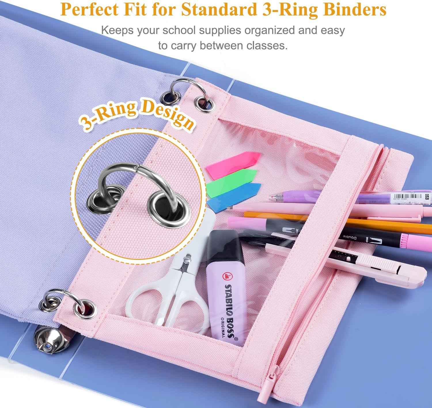 Binder Pencil Pouch for 3 Ring Binder, Clear Pencil Case Box Bag with Zipper, Aesthetic Pen Organizer for School Supplies, Back to School for Girls Boys Kids, 1 Pack, Black