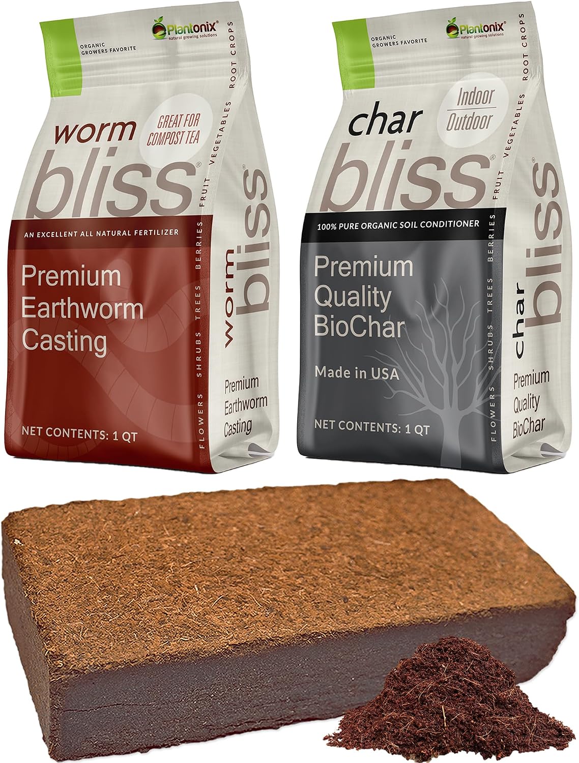 Worm Bliss (1 Qt) + Coco Coir Brick (650gms) + Char Bliss (1 Qt) - Organic Coco Coir for Plants - Worm Castings & Biochar for Plants - Organic Fertilizer & Soil Amendment Bundle - Potting Soil Mix