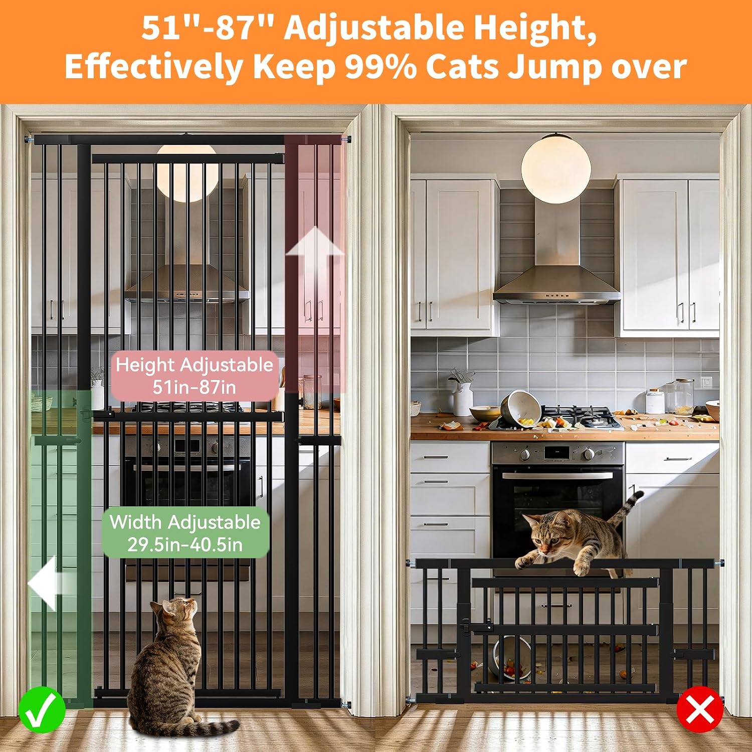 Snuowu 51"-87" Extra Tall Pet Gate for Cats, 29.5"-40.5" Wide Pressure Mounted No-Drilling Safety Dog Gate, Metal Walk-Thru Barrier for Doorways, Stairs, Kitchens, Black