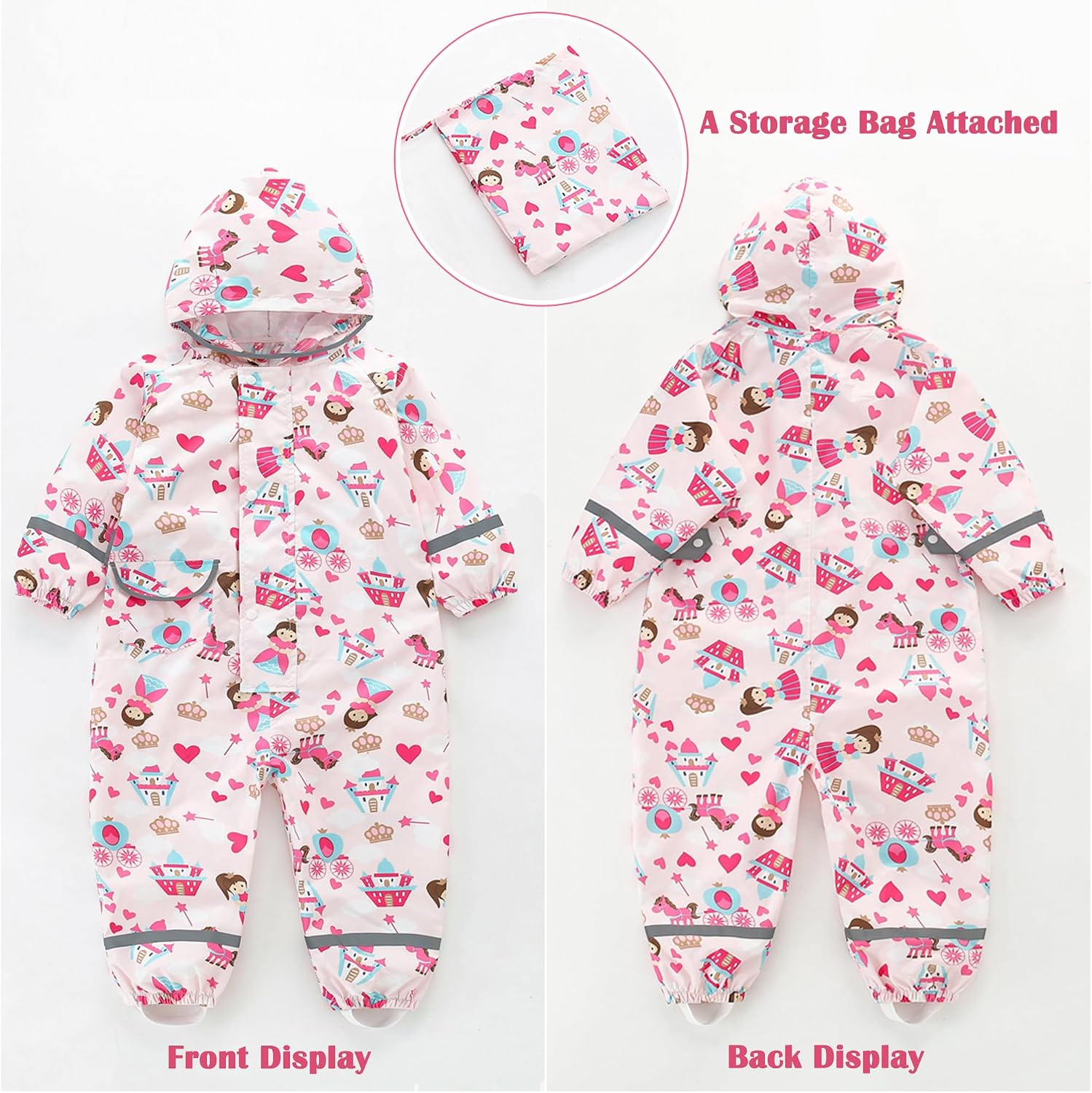 Fewlby Kids Toddler Rain Suit for Boys Girls One Piece Hoodie Zipper Cartoon Waterproof Coverall Rain Jacket 1-10 Years