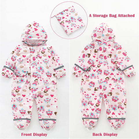 Fewlby Kids Toddler Rain Suit for Boys Girls One Piece Hoodie Zipper Cartoon Waterproof Coverall Rain Jacket 1-10 Years