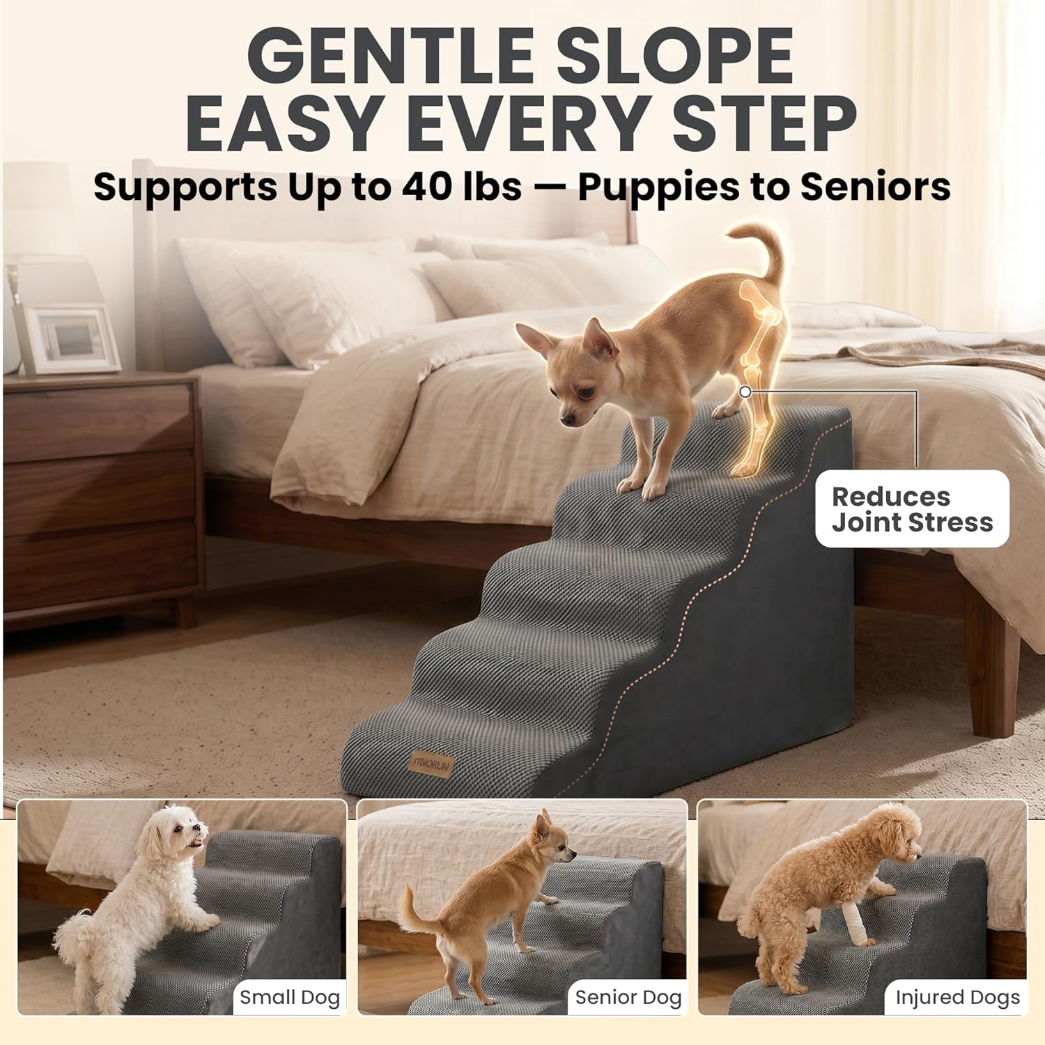 Miorun Dog Stairs for High Beds, 24.5" Foam Pet Ramp Step for Small Dogs