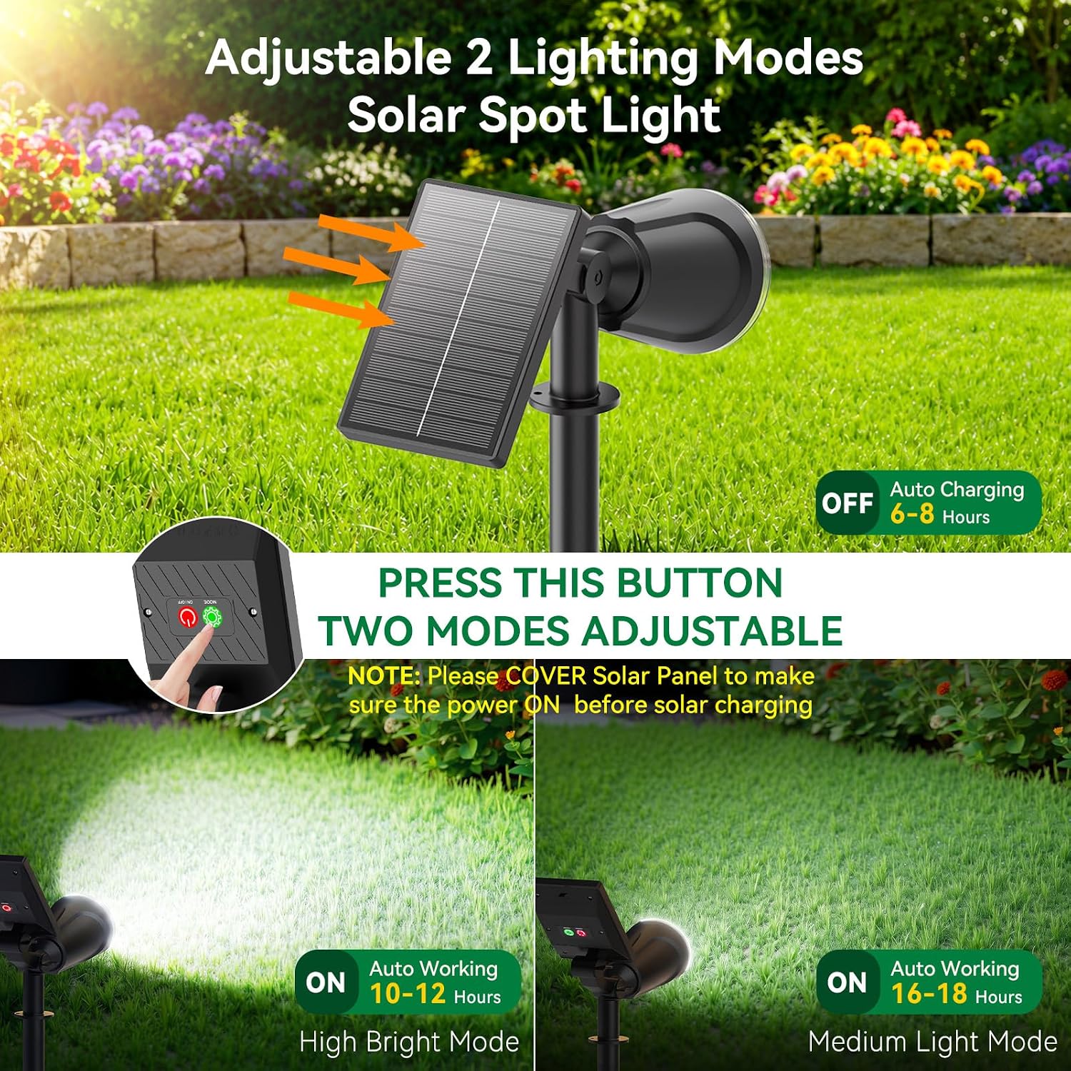 Solar Lights Outdoor Spot Light Waterproof: 1000LM Adjustable Cool White Spotlights - 2-in-1 15Hrs+ Bright Wall Spot Light - Solar Powered Landscape Spotlight for Garden, Yard, Tree, Flag
