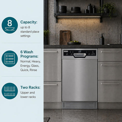 SPT SD-9254SSA 18″ Wide Built-In Stainless Steel Dishwasher w/Heated Drying, ENERGY STAR, 6 Wash Programs, 8 Place Settings and Stainless Steel Tub
