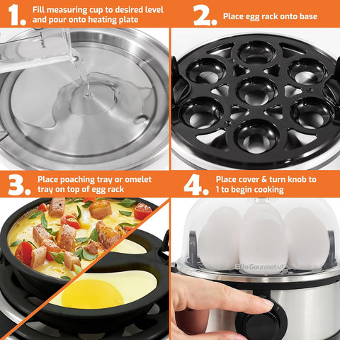 Elite Gourmet EGC724SS Egg Boiler Cooker, 7-Egg Poacher/Omelet Maker, Steel