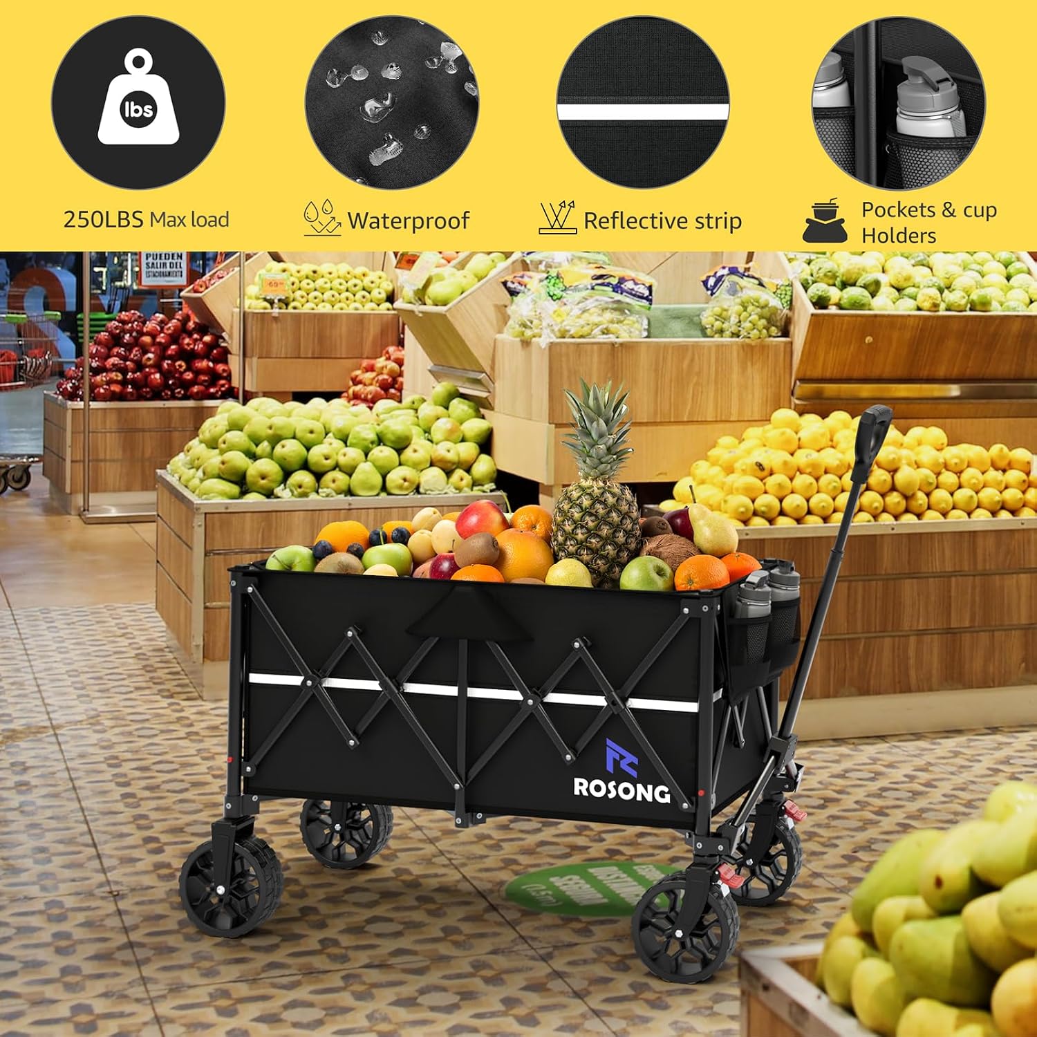 ROSONG Collapsible Wagon Cart with Wheels Foldable - Folding Utility Heavy Duty Wagons Carts for Grocery Sports Garden Shopping Camping Wheelbarrows (Black, 150L)