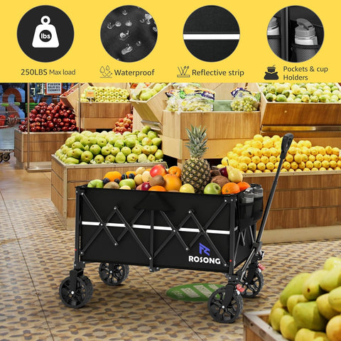 ROSONG Collapsible Wagon Cart with Wheels Foldable - Folding Utility Heavy Duty Wagons Carts for Grocery Sports Garden Shopping Camping Wheelbarrows (Black, 150L)